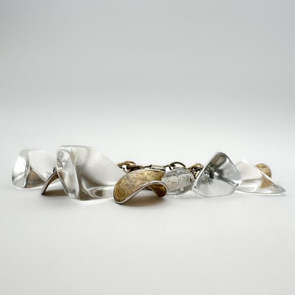 Coro 1960s Charm Bracelet Lucite Moon Rock Textured Gold Plate Double Link - Picture 10 of 12